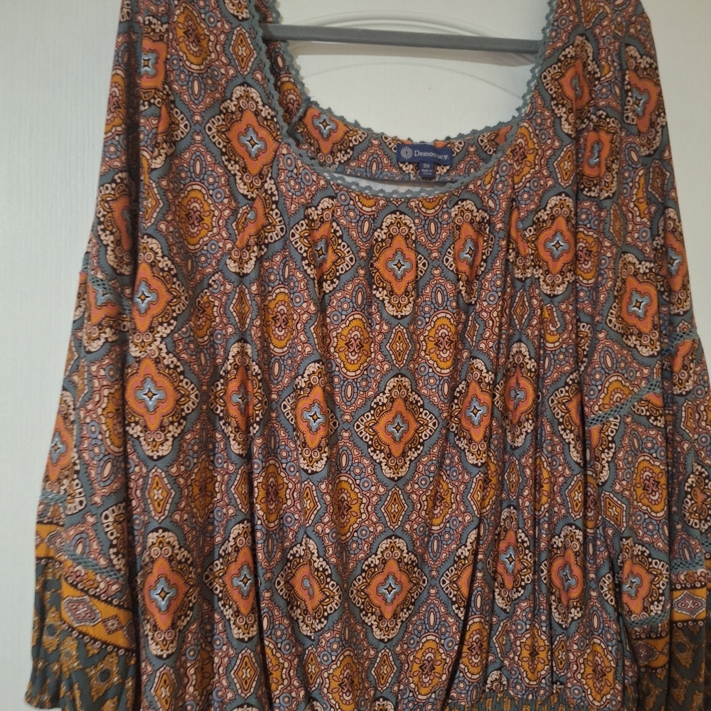 NWT Womens Blouse Democracy 2X Bohemian Patterned Women's Top - Picture 5 of 6